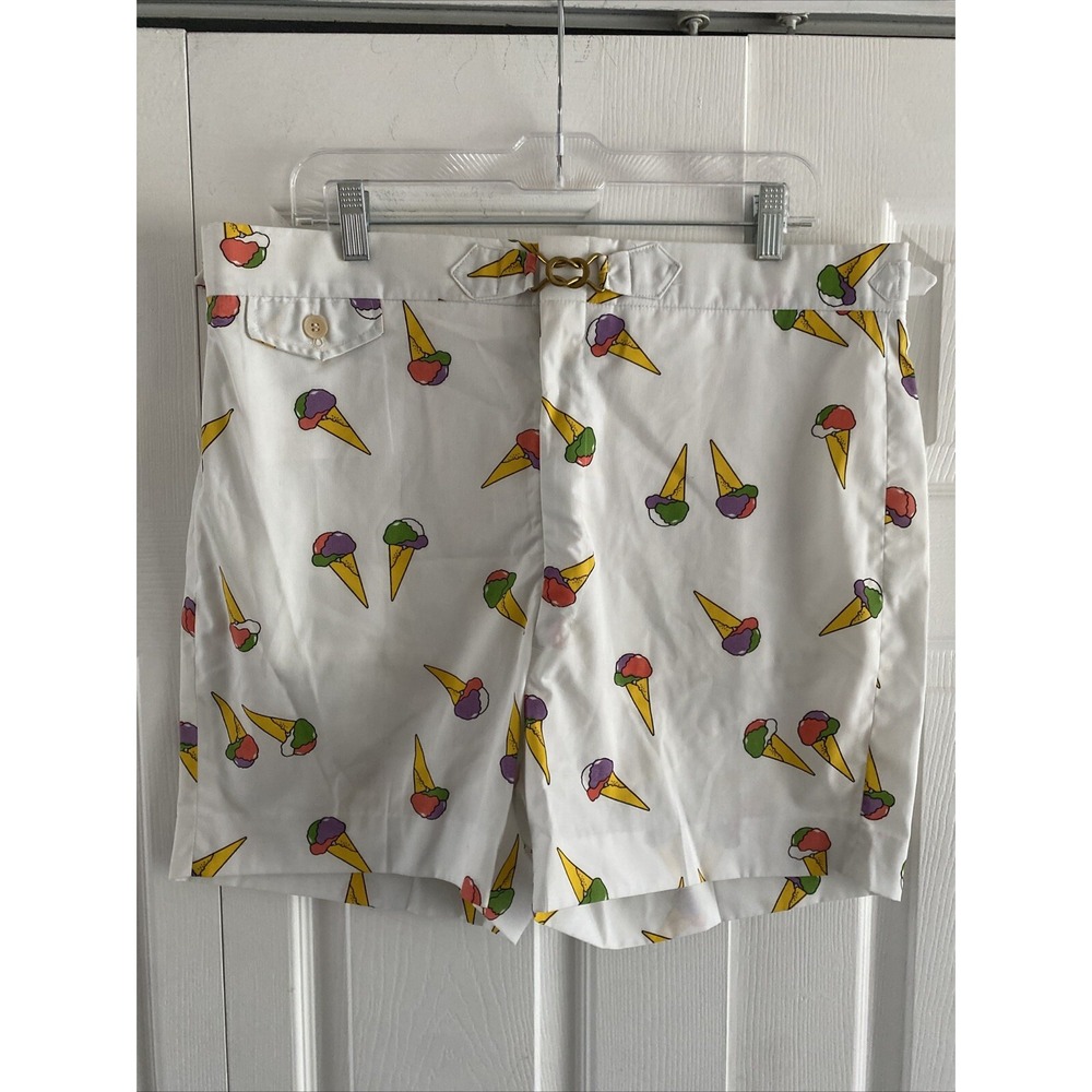 Vintage Ice Cream Cone Print Shorts Mens Size 34 White Novelty Retro‎ Buckle